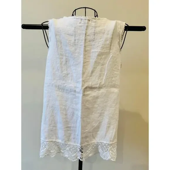 Laura Bianchi Women Sm White Linen Tank Top Lace Trim Sleeveless Italian Blouse - Picture 3 of 5